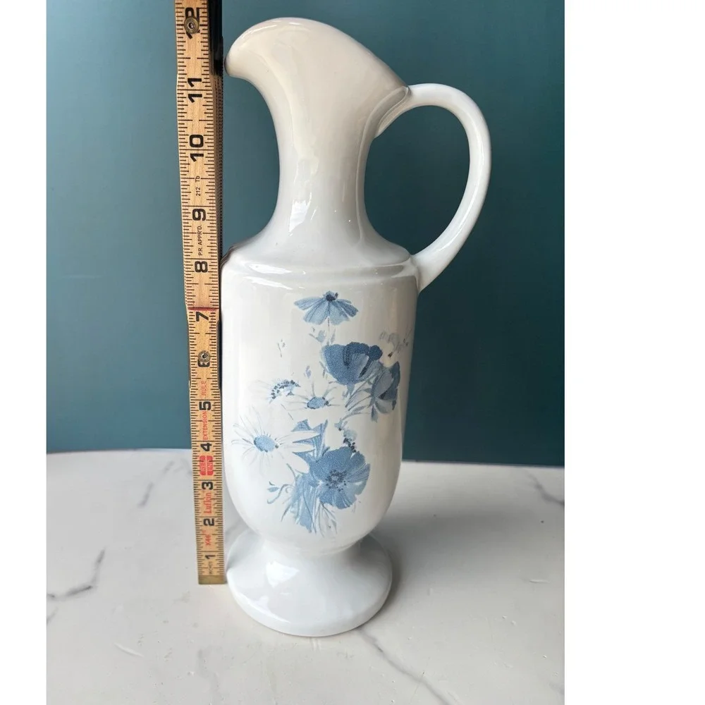 Vintage Royal Haeger White Blue Floral Ceramic Pitcher Vase Ewer Dundee IL 12in